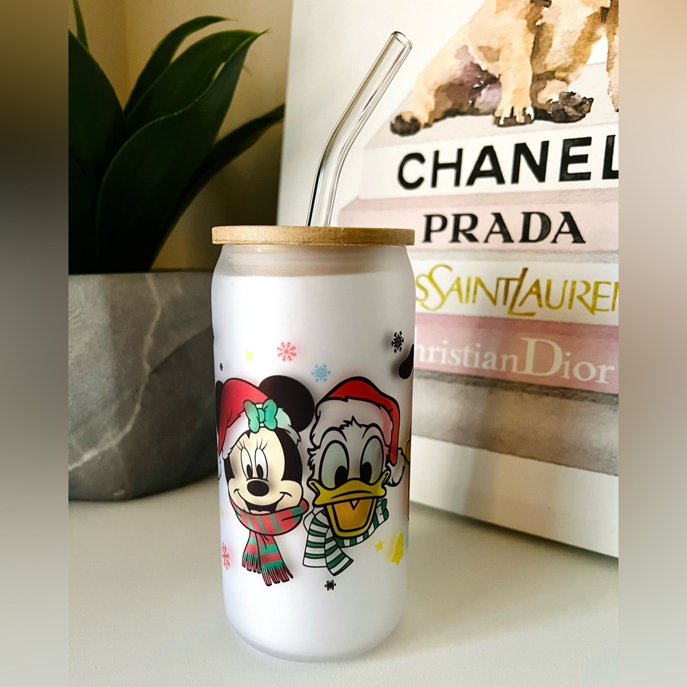16oz Christmas Mouse Glass Can with Bamboo Lid and Glass Straw